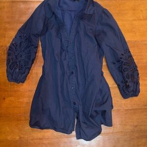 Navy Button-Up Blouse Dress with Lace Sleeves